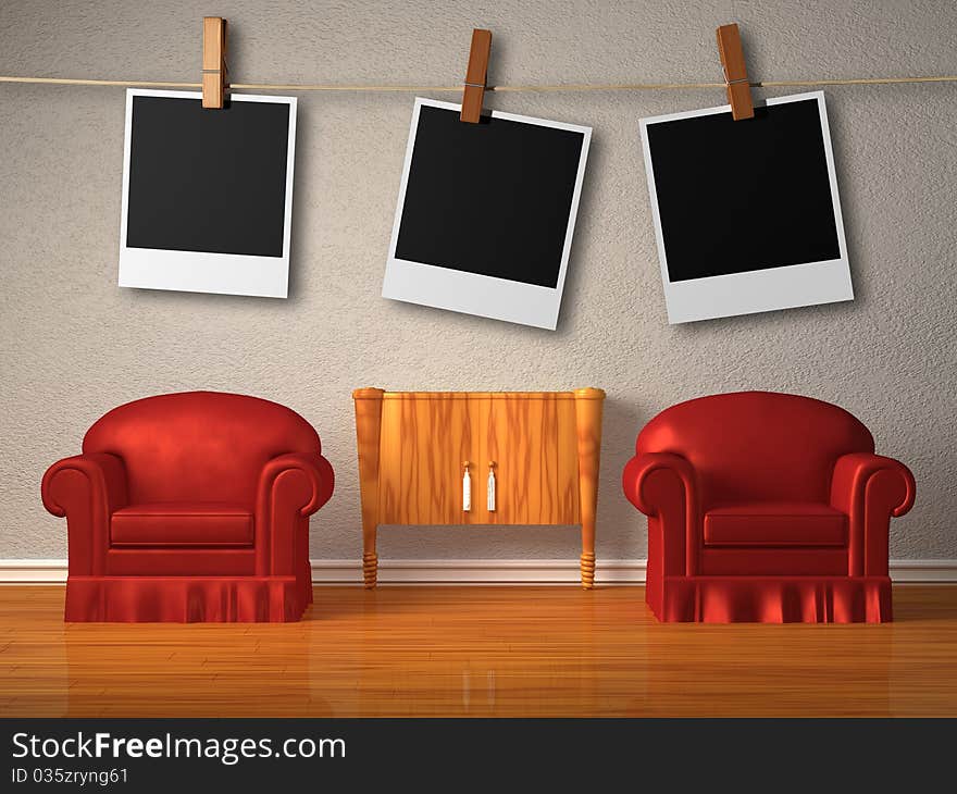 Two Red Chairs With Instant Photo S Frames