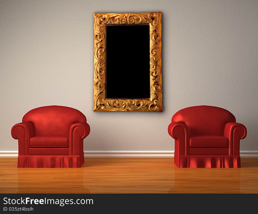 Two red chairs with modern frame