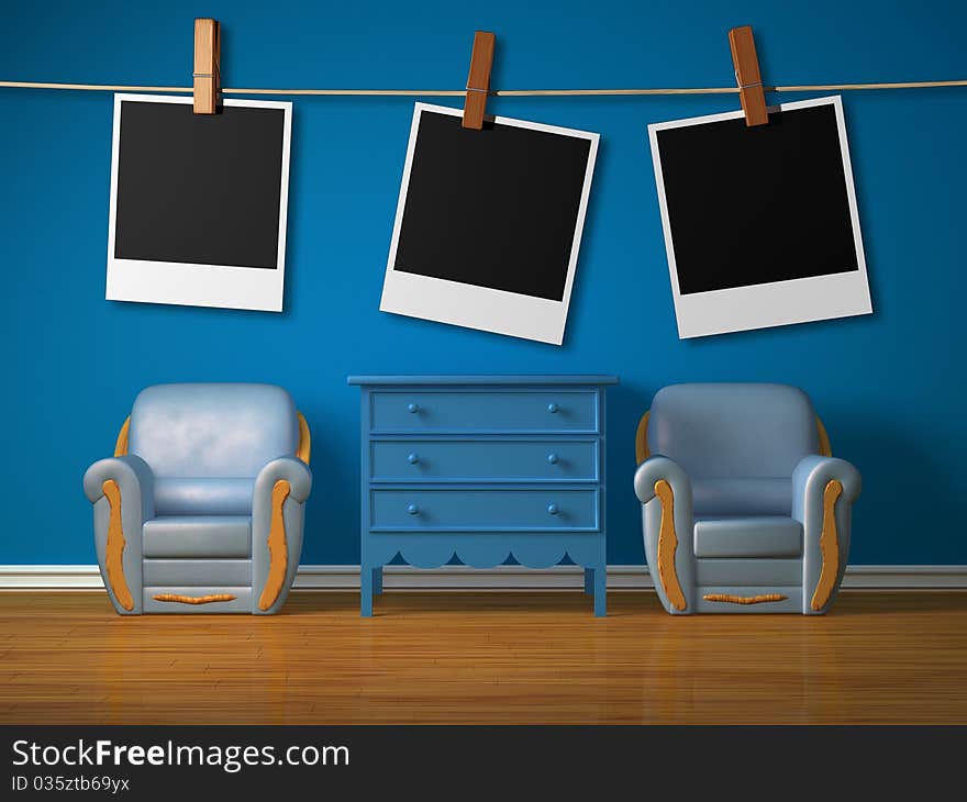 Two chairs with wooden bedside and frames in blue interior