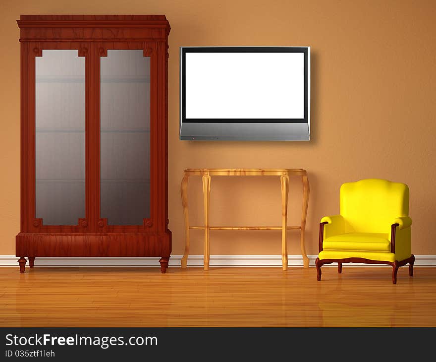 Cupboard with lcd tv, wooden table and chair in minimalist interior