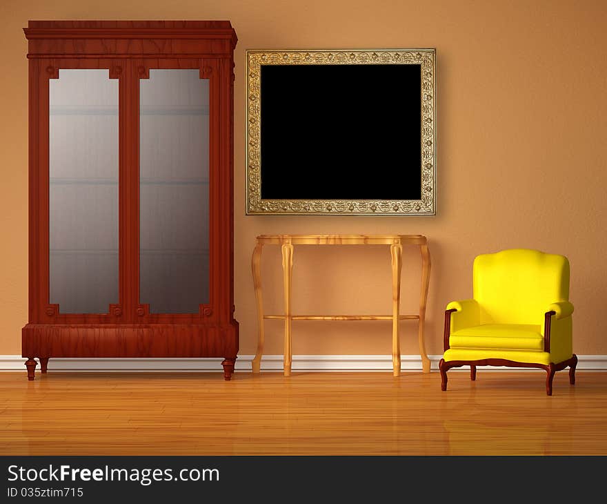 Cupboard with wooden table, frame and chair in minimalist interior