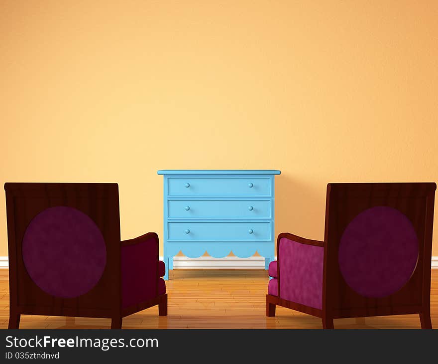 Two chairs opposite wooden bedside in minimalist interior