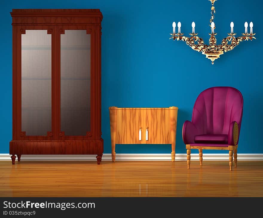 Cupboard with table, golden chandelier and chair