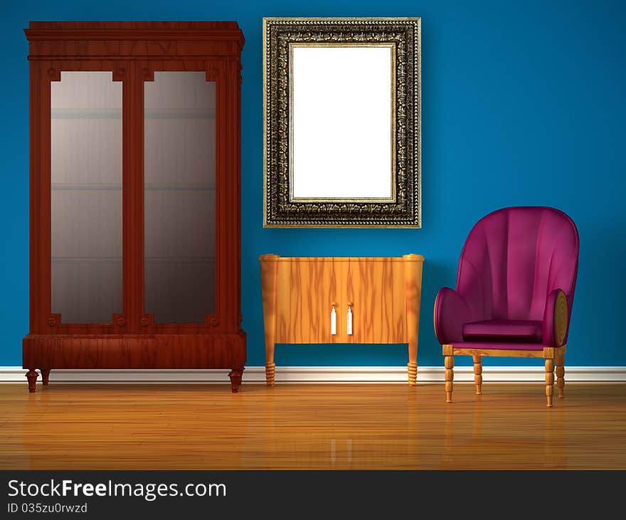 Cupboard with table, modern mirror and luxurious chair in minimalist interior. Cupboard with table, modern mirror and luxurious chair in minimalist interior