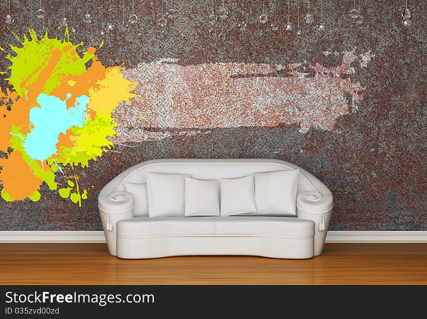 White sofa with splash frame in rusty interior