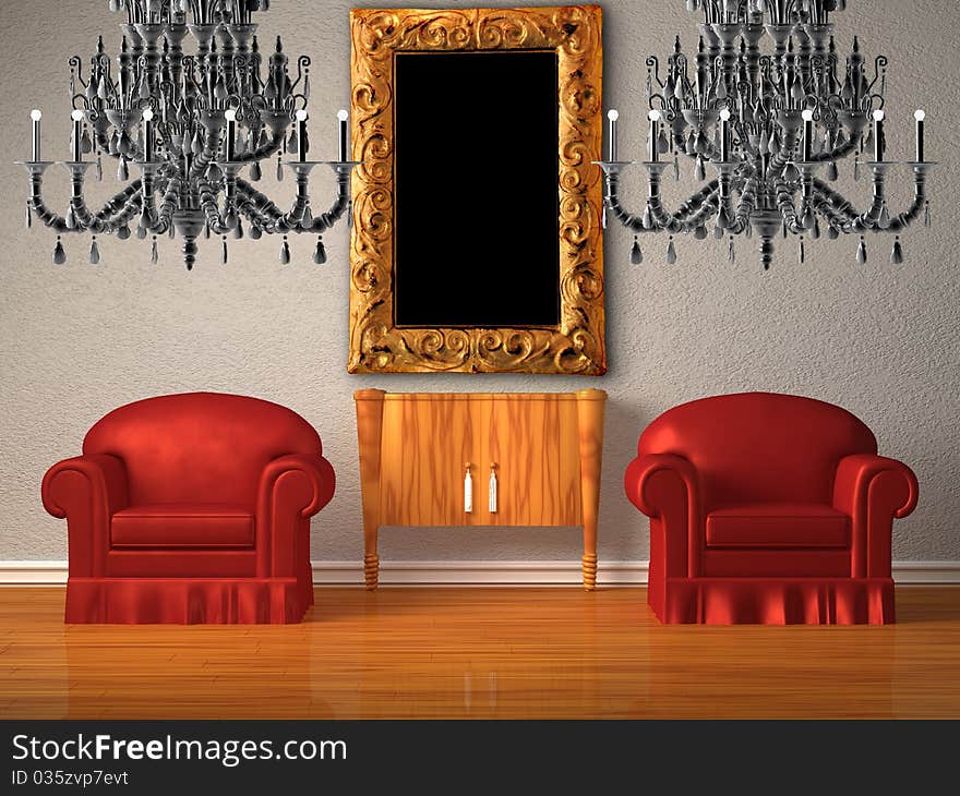 Two chairs with wooden console and two chandeliers with modern frame in minimalist interior