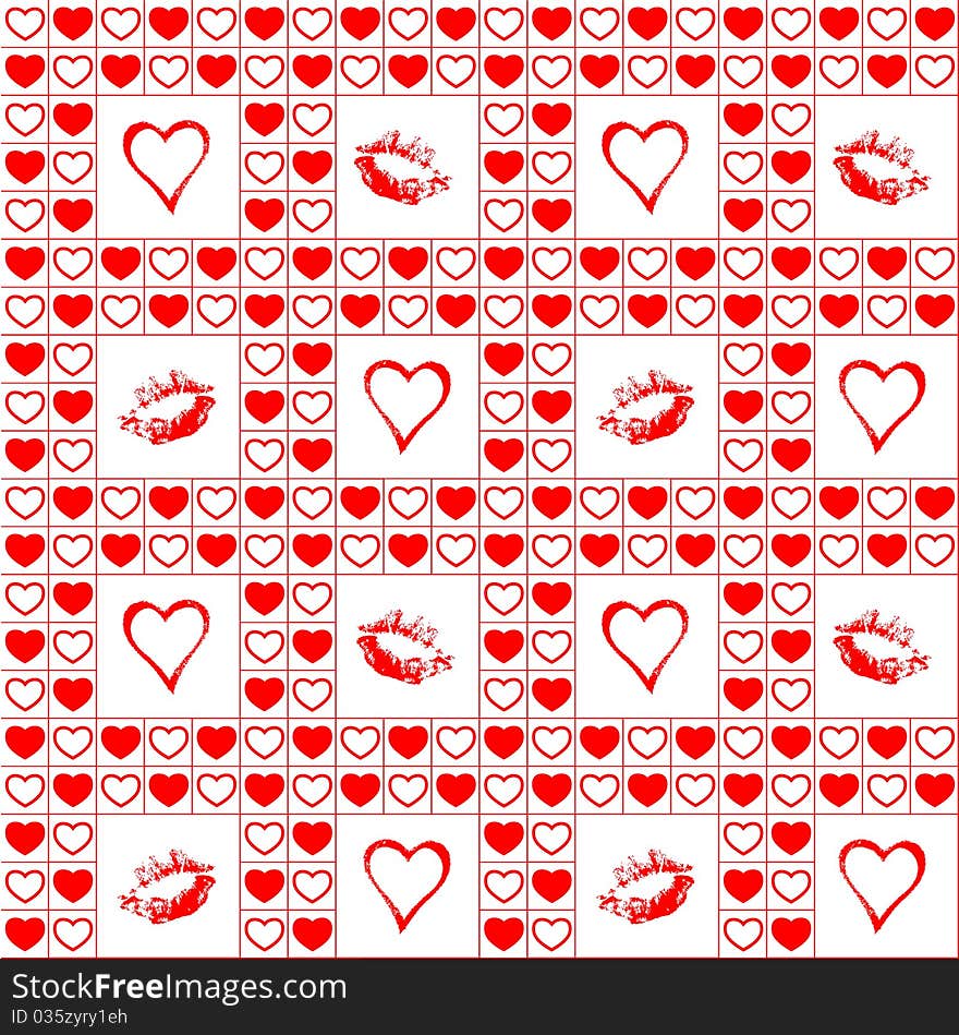 Vector seamless pattern with hearts and lip print. Vector seamless pattern with hearts and lip print.