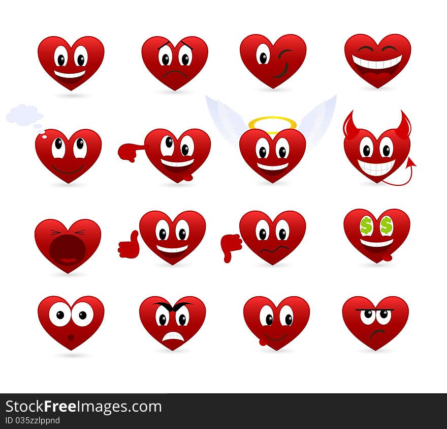 Set of smilies of heart shape with many emotions. Vector illustration.