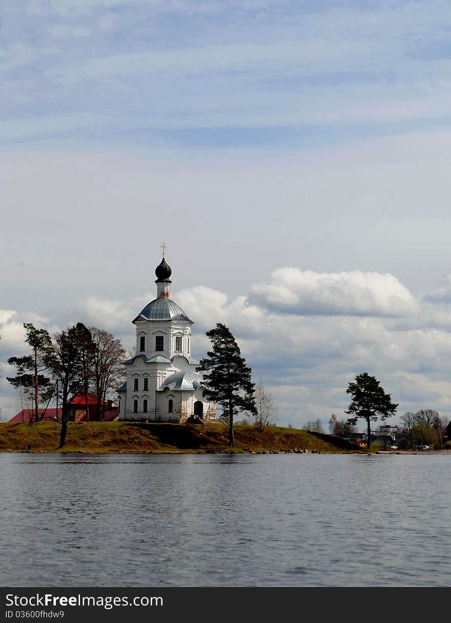 Church on lake Seliger in the spring