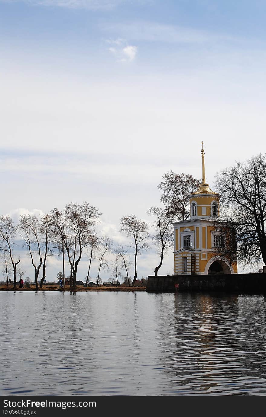 Church on lake Seliger in the spring