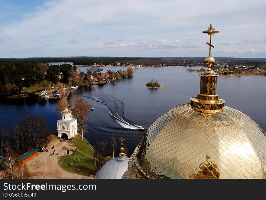 Gold domes of church in a monastery of Nil Stolbenskij