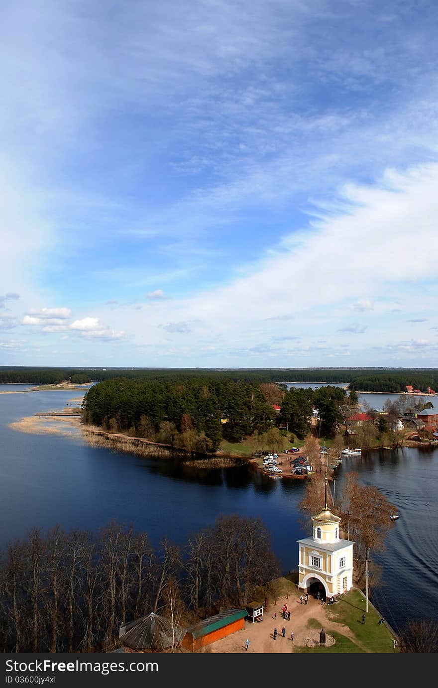 Church and island on lake