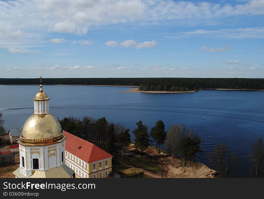 Church on lake Seliger in the spring