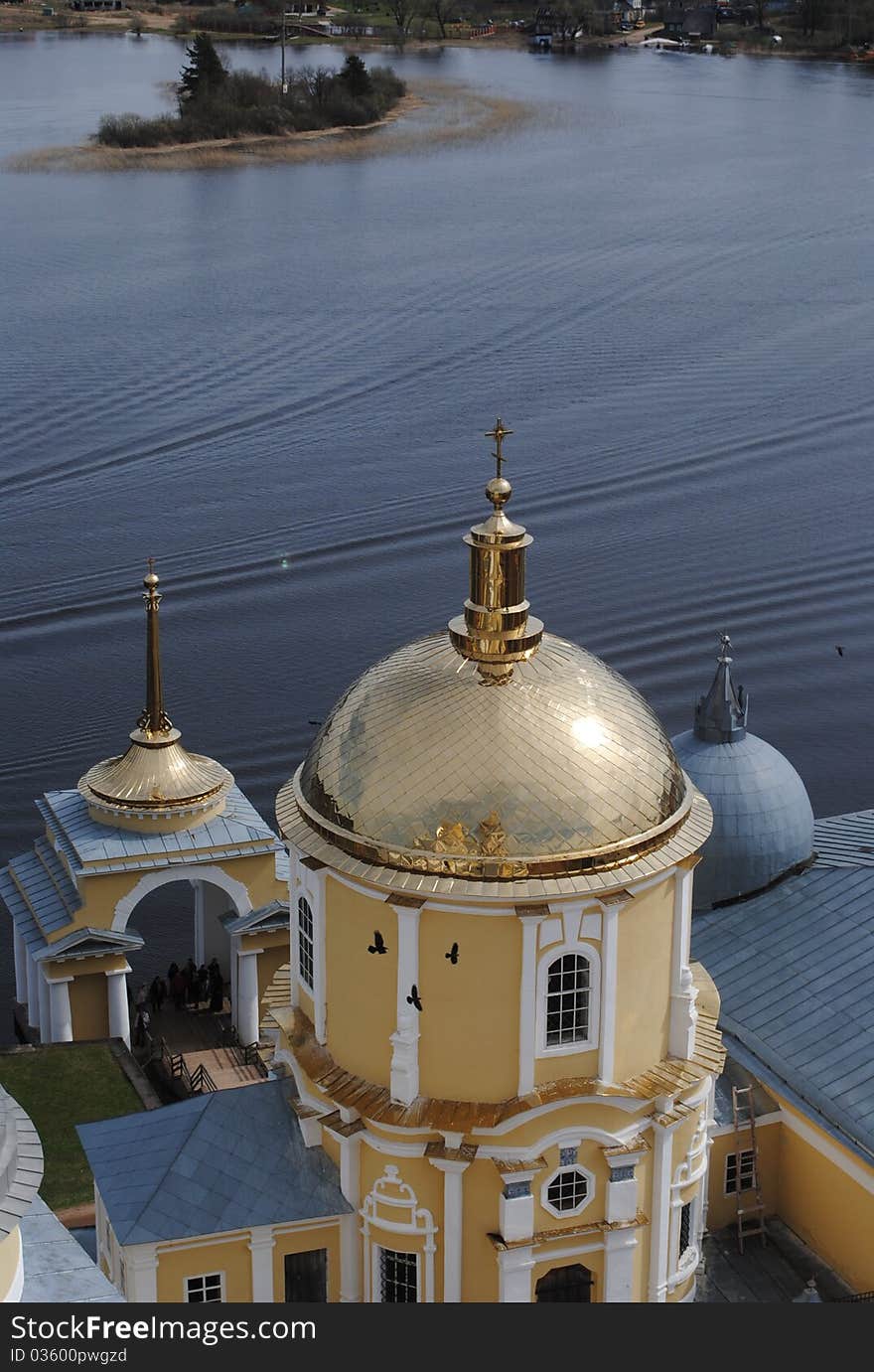 Gold domes of church in a monastery of Nil Stolbenskij