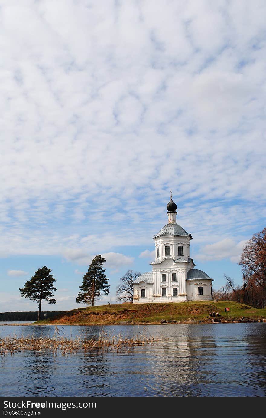 Church and island on lake