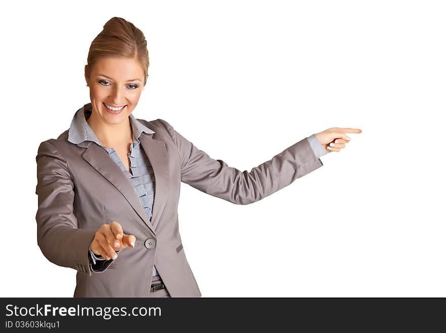 Businesswoman in suit pointing hand