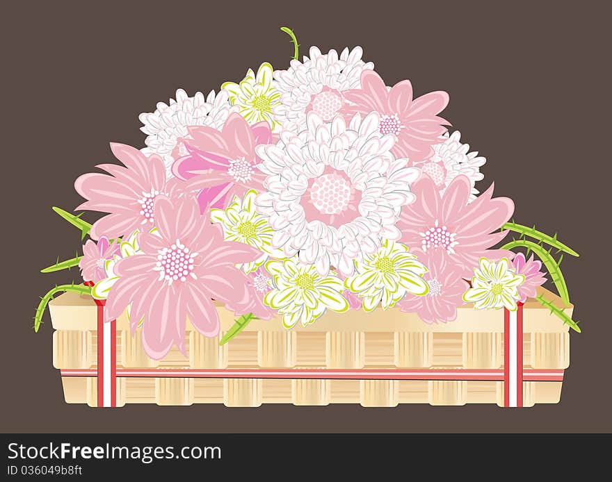 Chrysanthemum Flowers In A Wooden Tray