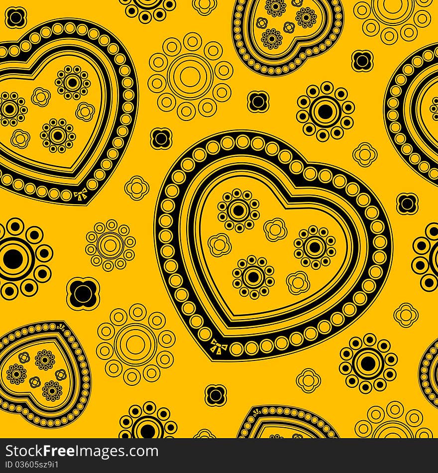 Black ornamental hearts on yellow background - vector seamless pattern. Black ornamental hearts on yellow background - vector seamless pattern.