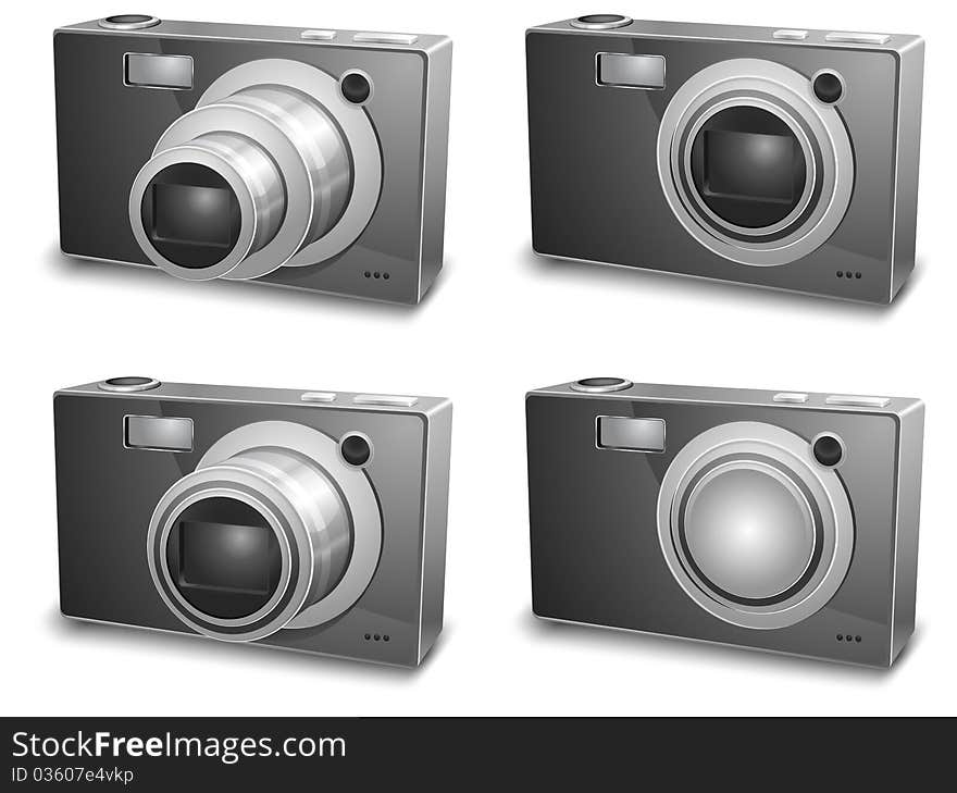 Digital silver photo cameras isolated on white background,  illustration