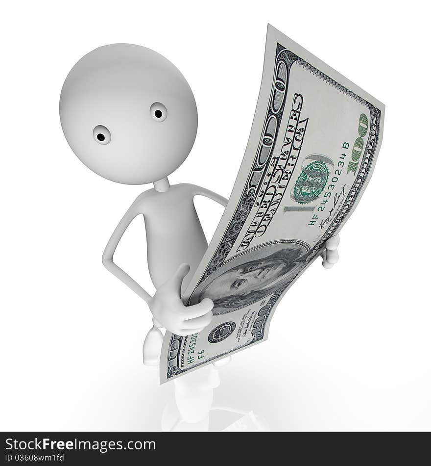 3d man holding 100 dollar