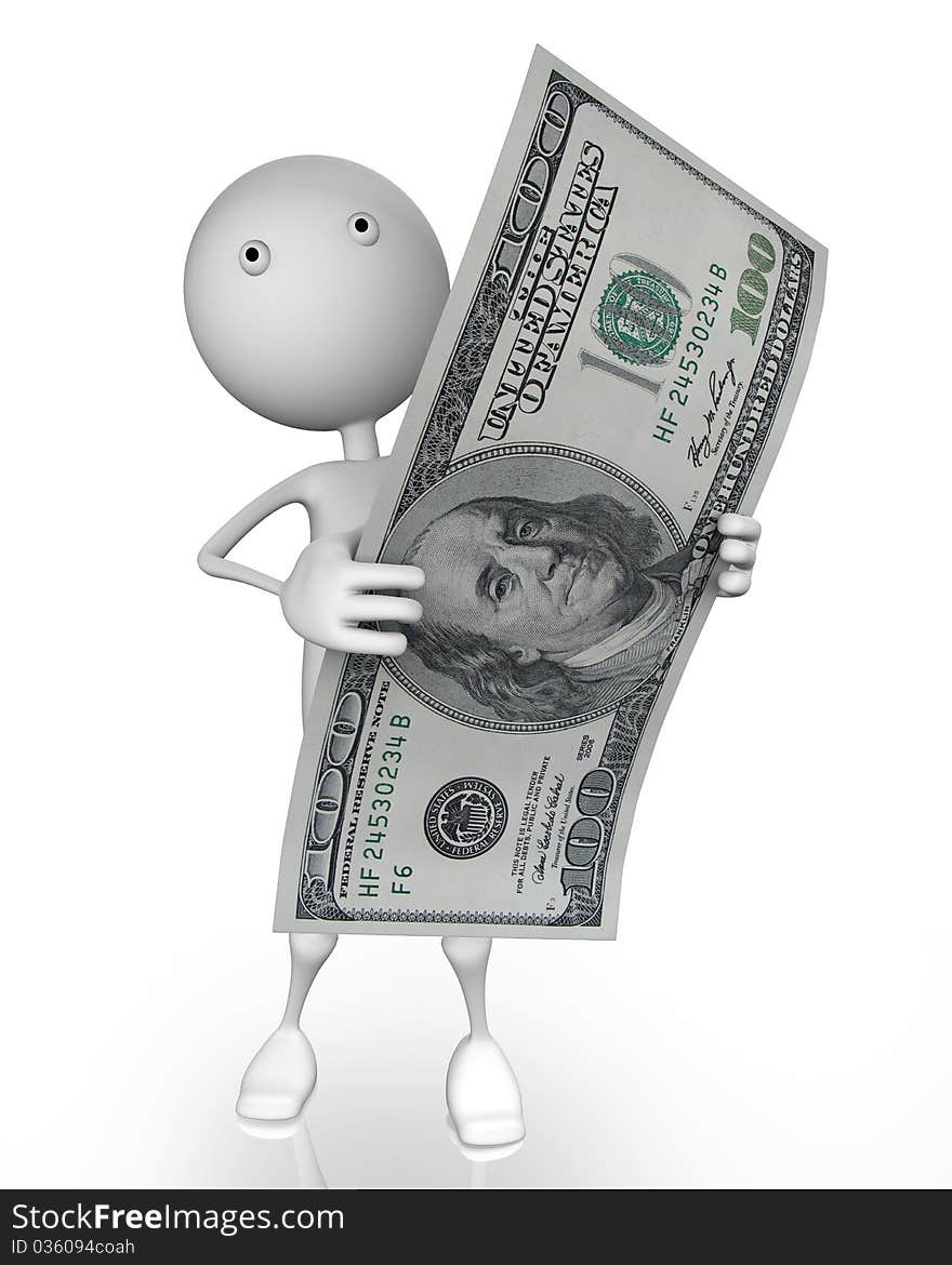 3d man holding 100 dollar