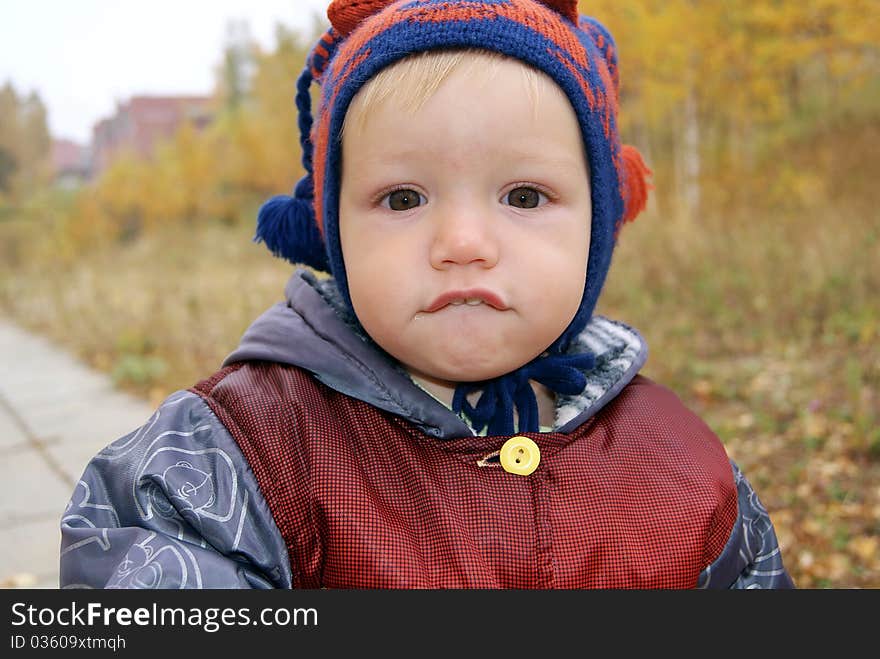 The boy walks in the autumn in park