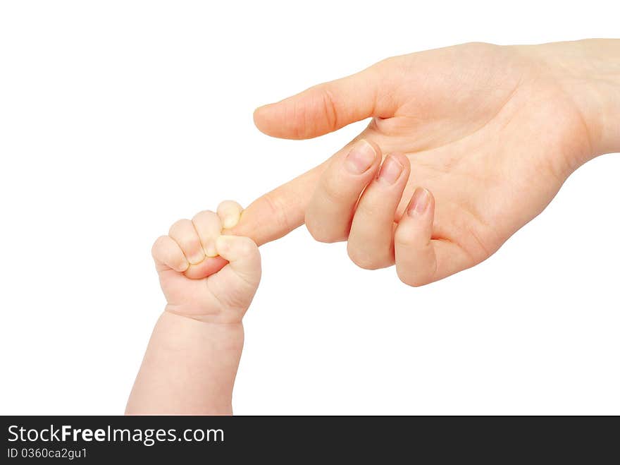 Baby hand holding mother finger isolated on white. Baby hand holding mother finger isolated on white