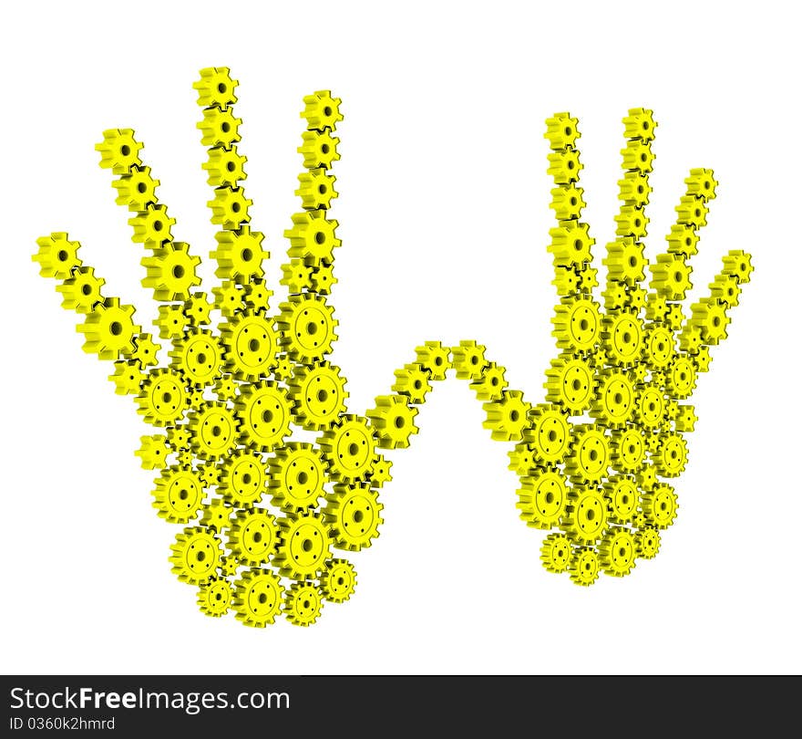 3d hands of the yellow gear. 3d hands of the yellow gear