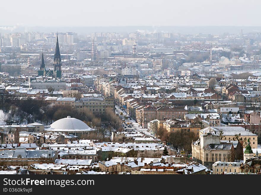 Winter view of Lviv, Ukraine central part