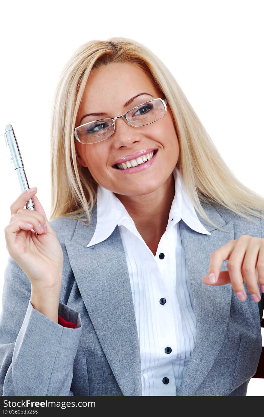 Business woman in glasses on white background pen in hands