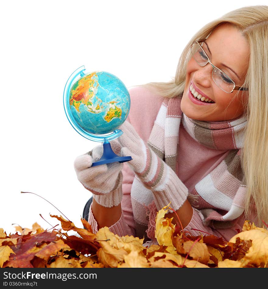 Woman take globe isolated in studio. Woman take globe isolated in studio