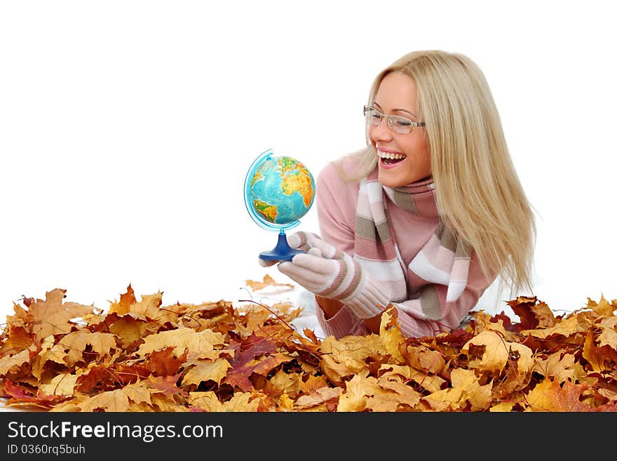 Woman take globe isolated in studio. Woman take globe isolated in studio