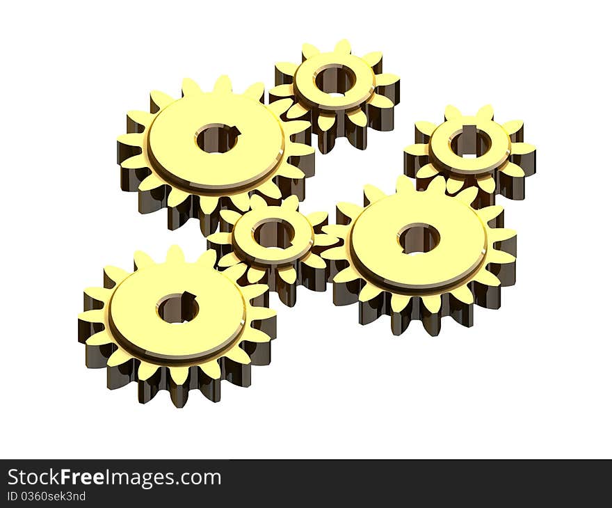 Six golden gears connecting each other