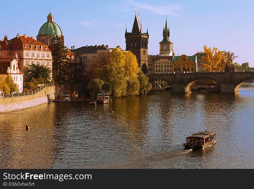 View of the Vltava River and Charles Bridge. View of the Vltava River and Charles Bridge