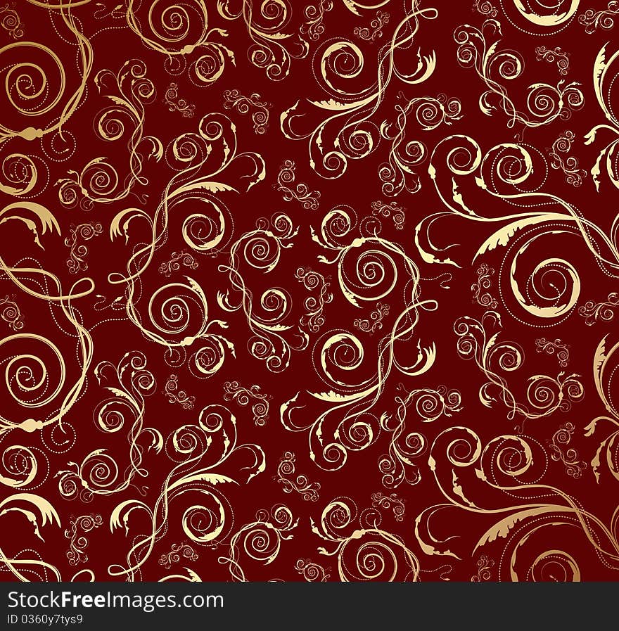 Seamless golden beauty floral ornament on a red background. Seamless golden beauty floral ornament on a red background