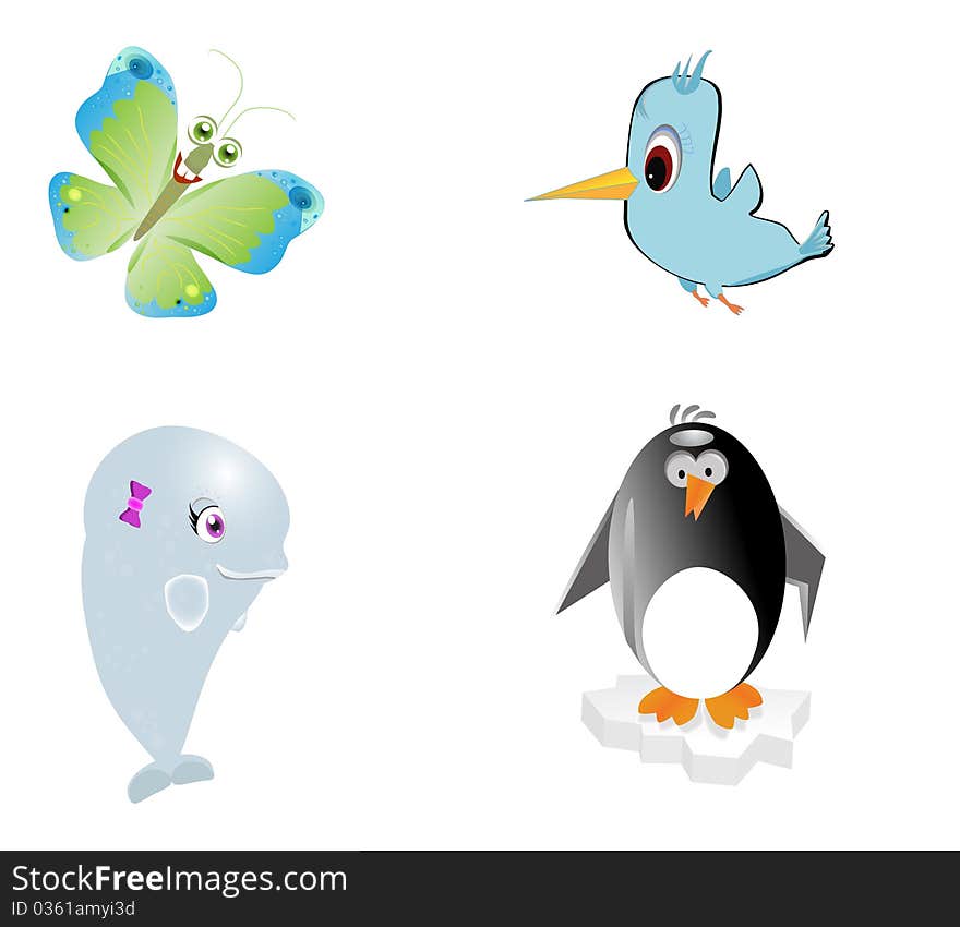 Cartoon animal-dolphin, penguin, bird and butterfly