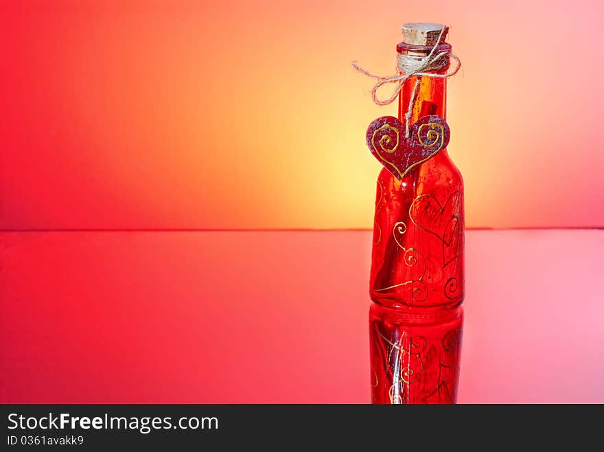 Love letter in a bottle for St. Valentine with reflection