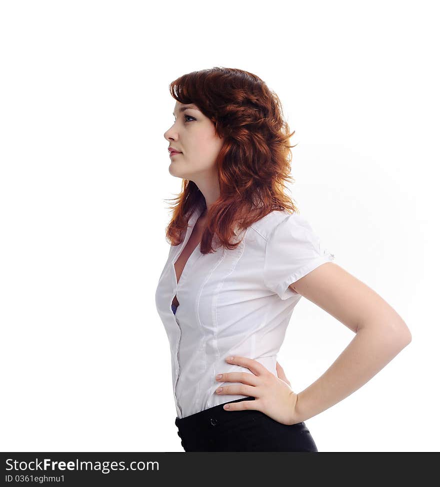 An image of a young woman in white blouse