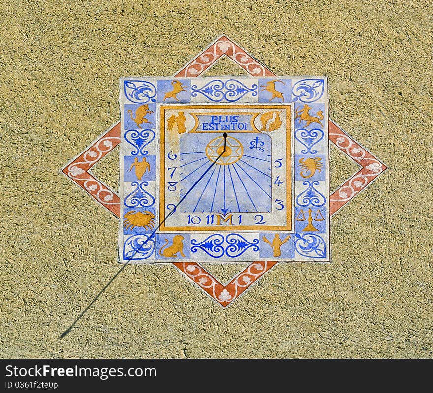 Zodiacal Sundial Or Sun Clock On A Wall In Provenc