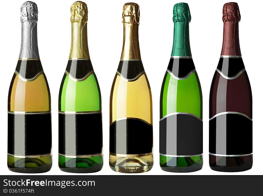 Set 5 bottles of wine with black labels isolated on white background. More - in my portfolio. Set 5 bottles of wine with black labels isolated on white background. More - in my portfolio