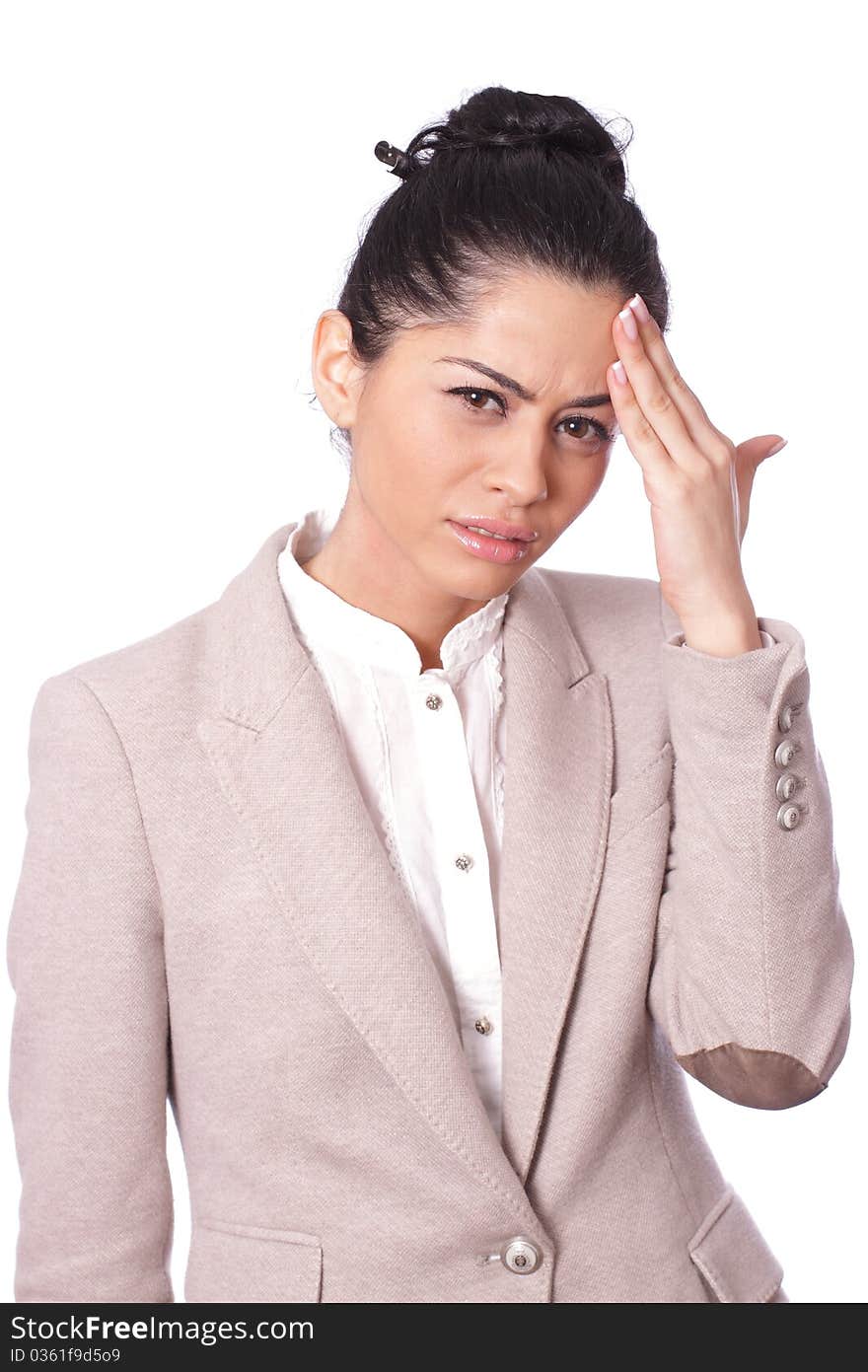 Young brunette business woman with headache isolated on white backround. Young brunette business woman with headache isolated on white backround