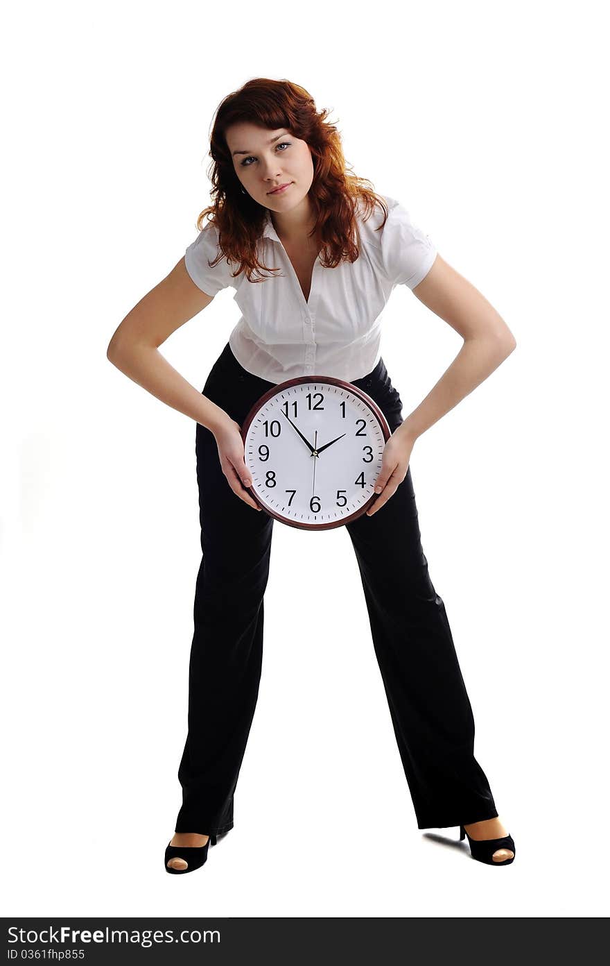 A portrait of a beautiful woman with big clock. A portrait of a beautiful woman with big clock