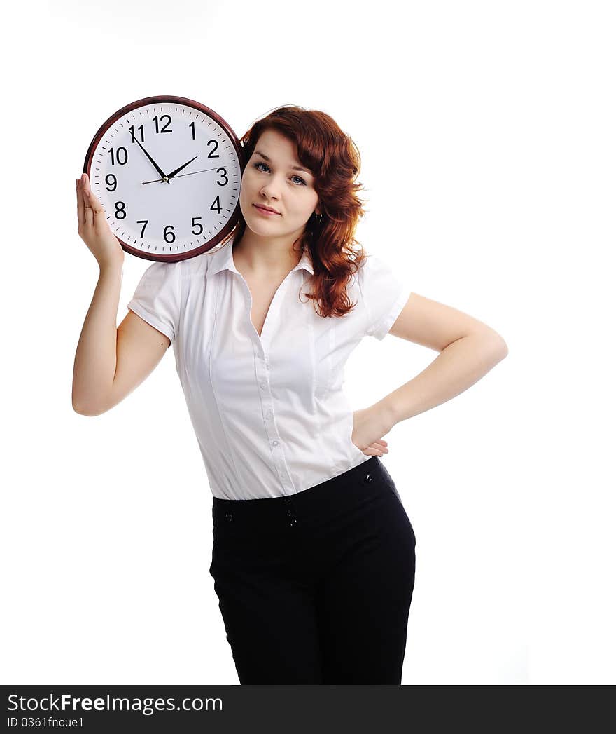 An image of a beautiful woman with a clock. An image of a beautiful woman with a clock