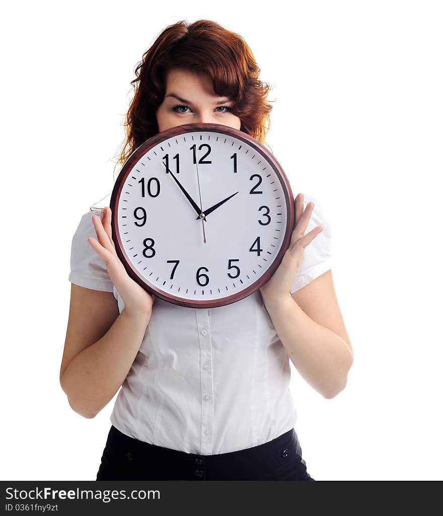 An image of a beautiful woman with a clock. An image of a beautiful woman with a clock