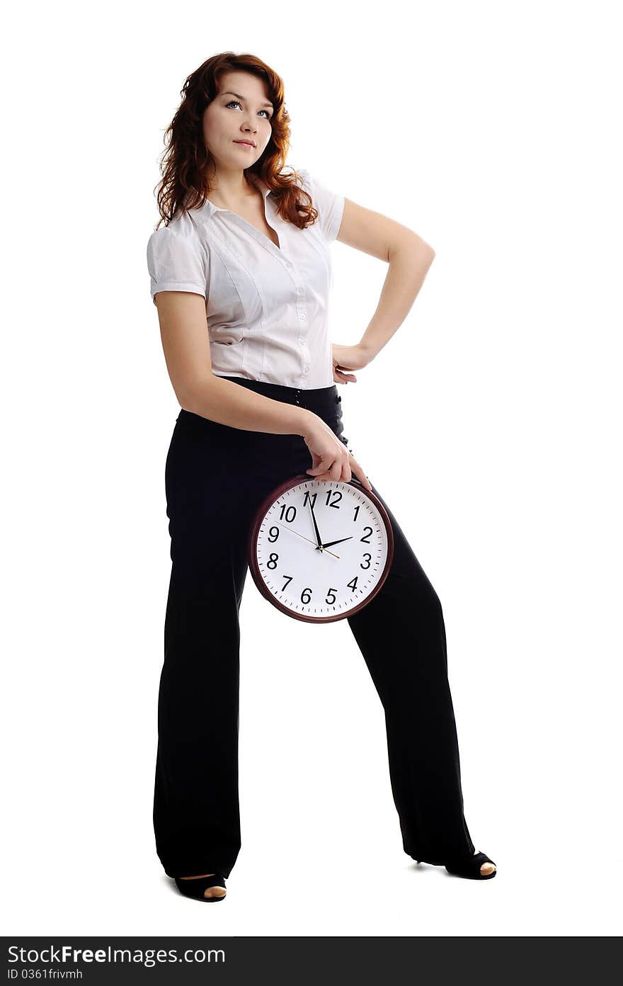 A portrait of a beautiful woman with big clock. A portrait of a beautiful woman with big clock