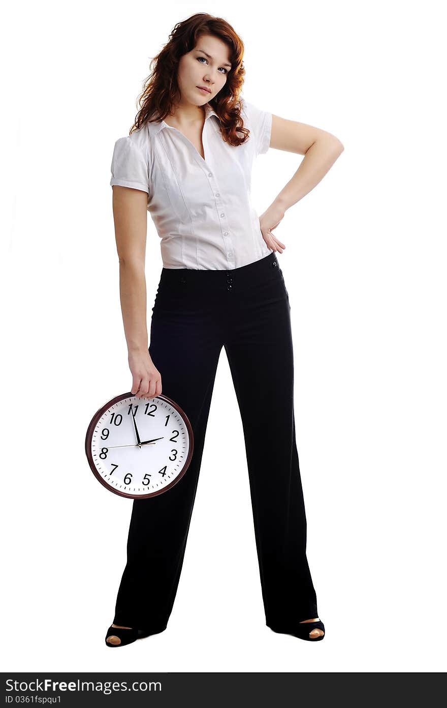 A portrait of a beautiful woman with big clock. A portrait of a beautiful woman with big clock