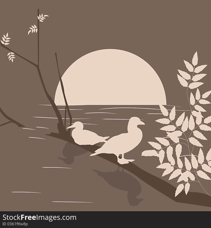 Romantic illustration - sunset and birds sitting on a tree above the water. Romantic illustration - sunset and birds sitting on a tree above the water