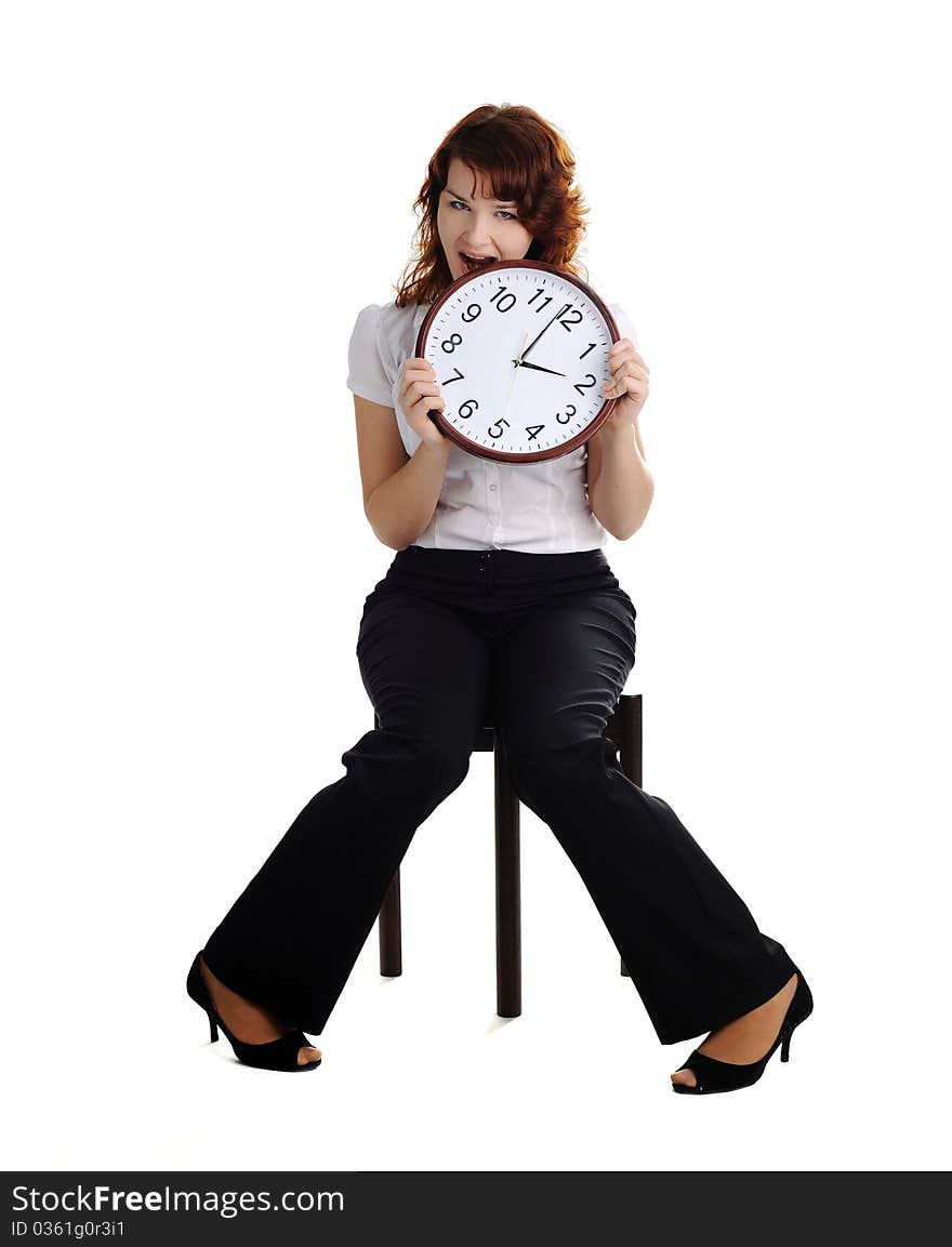 A portrait of a beautiful woman with a big clock. A portrait of a beautiful woman with a big clock