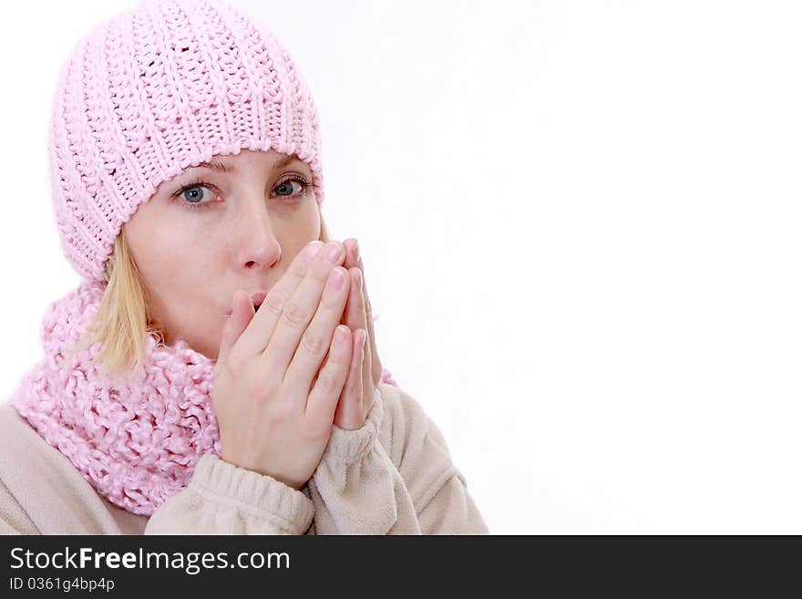 Picture of beautiful woman in winter pink hat. Picture of beautiful woman in winter pink hat