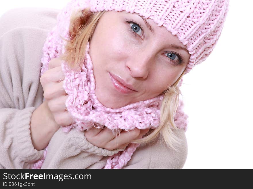 Picture of beautiful woman in winter pink hat. Picture of beautiful woman in winter pink hat